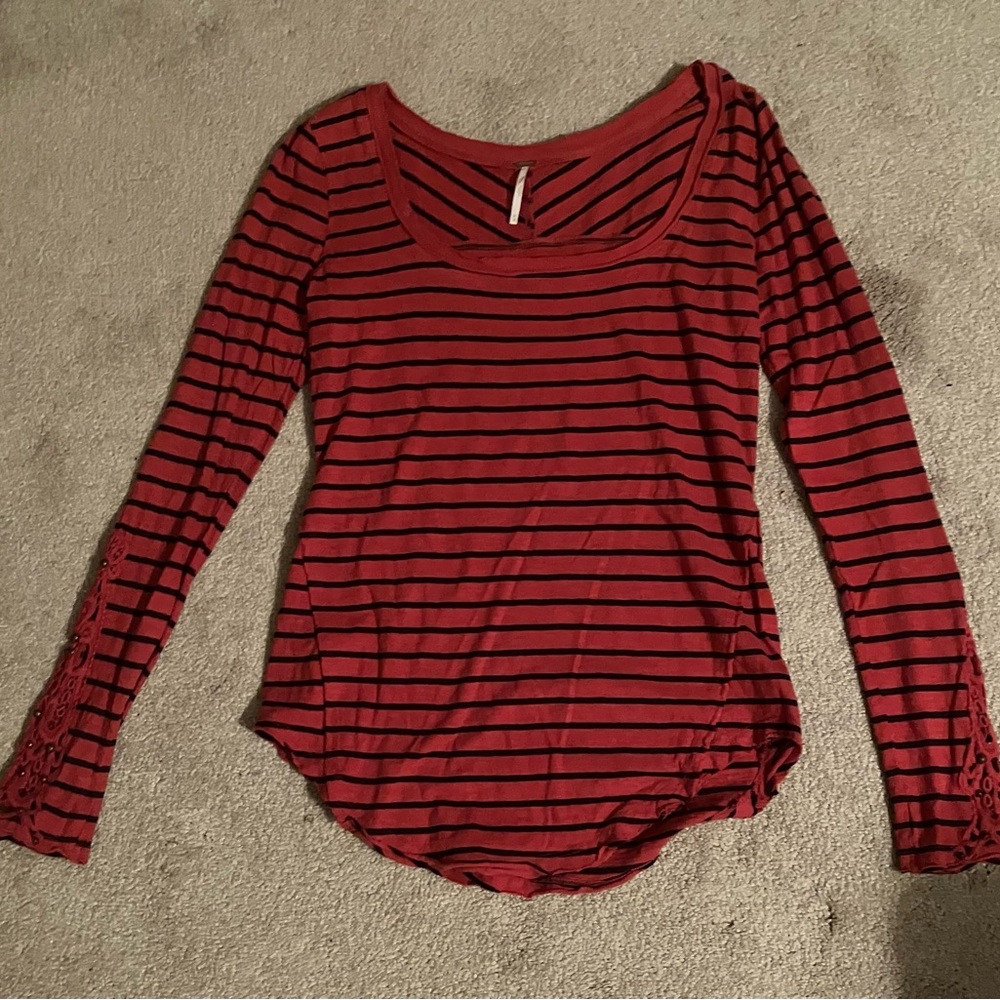 Free People Red and Black Striped Long Sleeve Tee